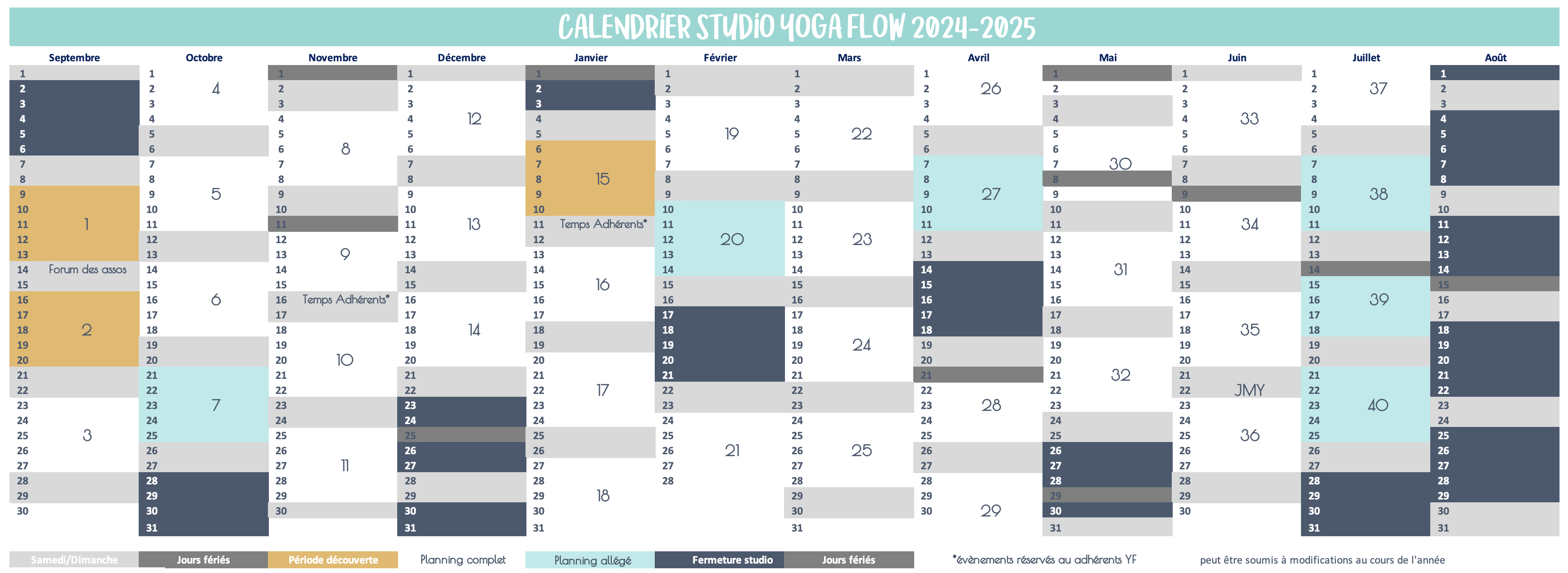 Calendrier des cours de yoga du studio yoga flow la Roche Sur Yon